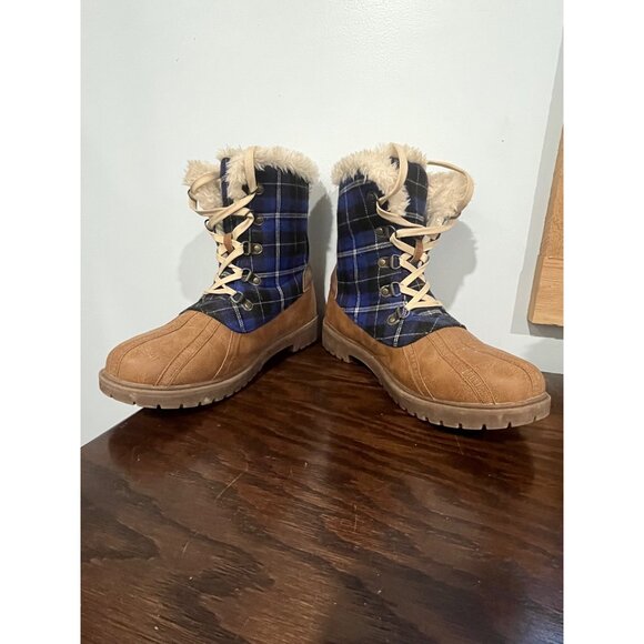 Plaid Lace-Up Winter Duck Boots w/ Faux Fur Lining Size 9 Brown & Blue - Picture 6 of 9